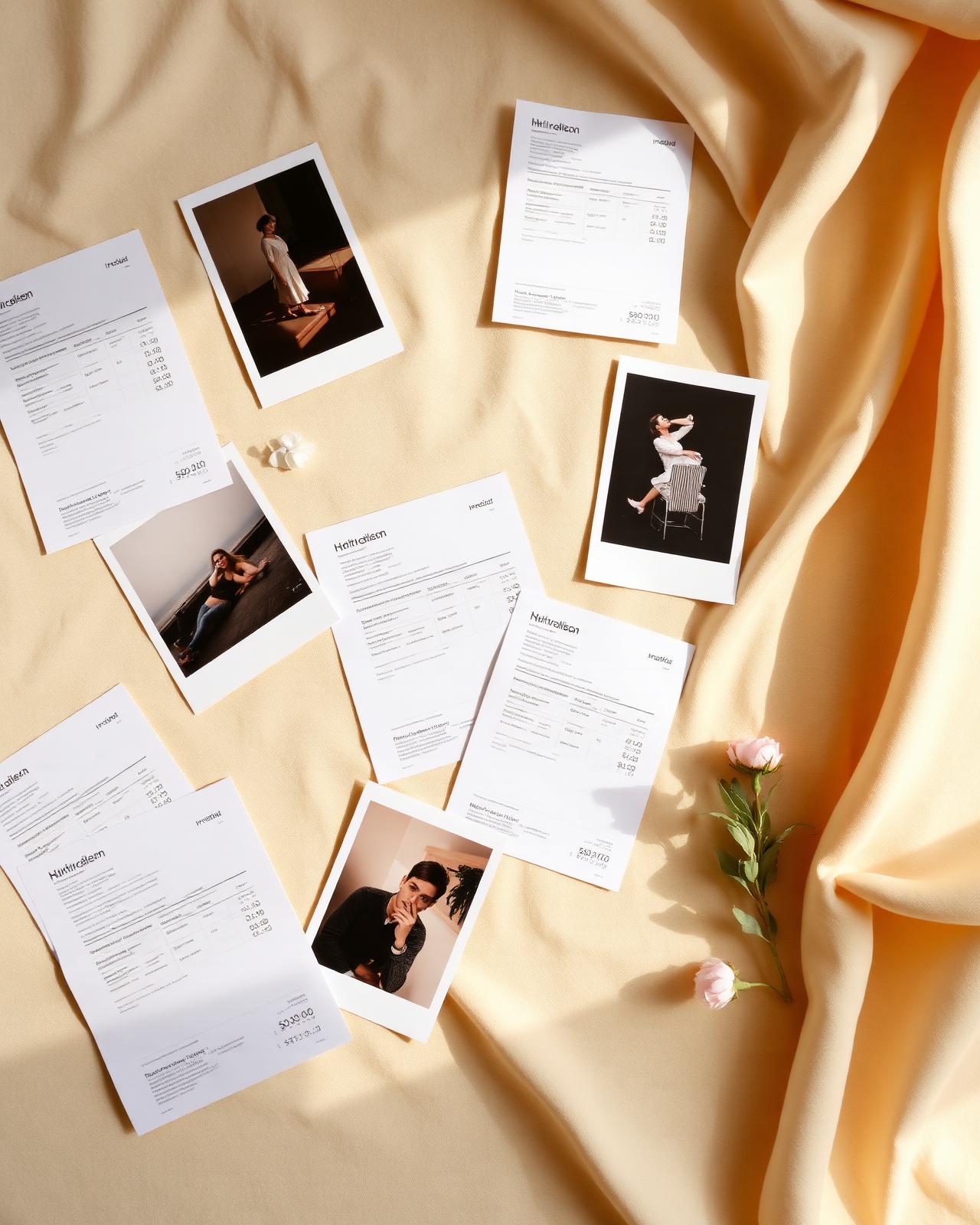 Printed photographs, receipts and invoices laid out in a grid on a pale surface.