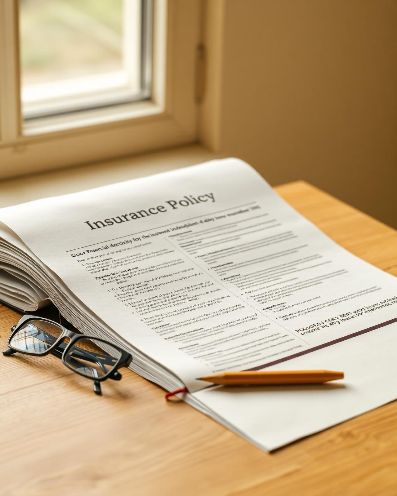 An insurance policy document open on a wooden table beside reading glasses.